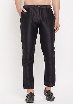 Black Solid Silk Pyjama For Men