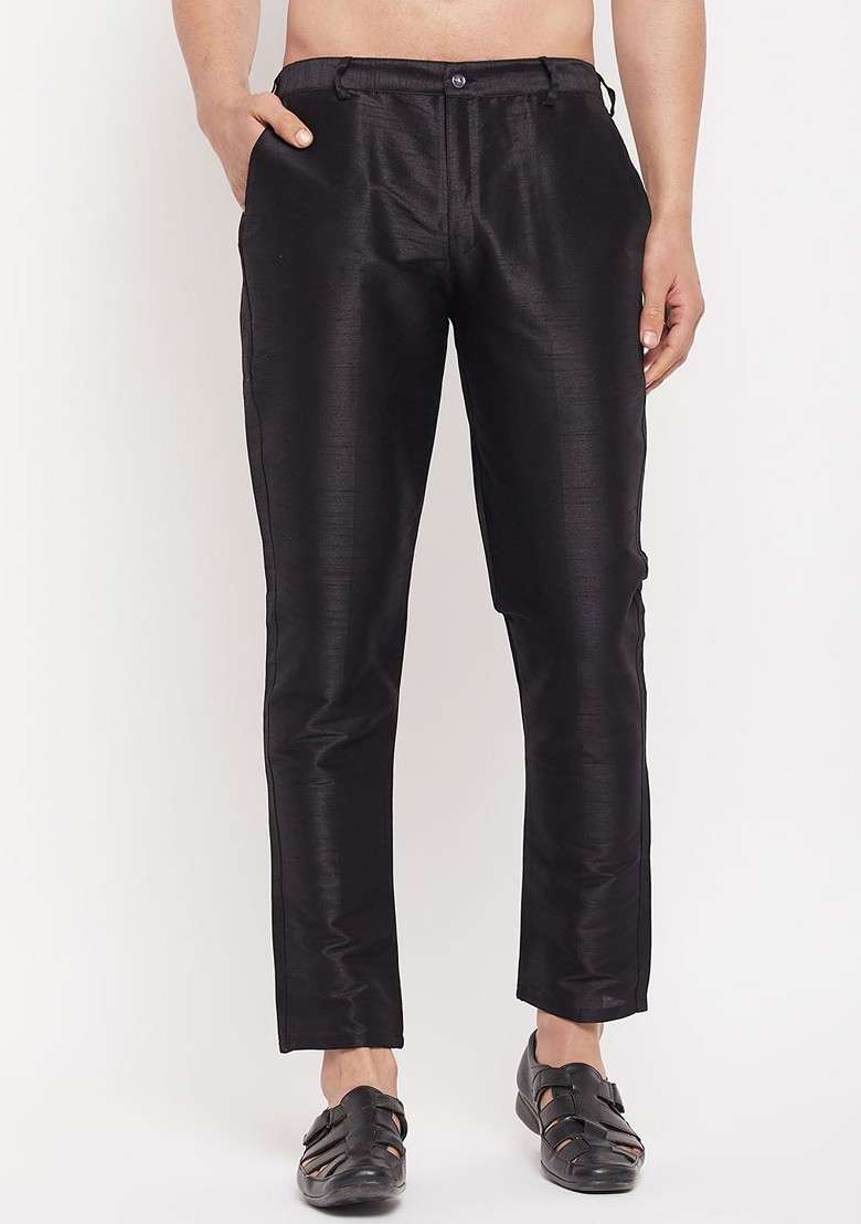 Black Solid Silk Blend Pyjama For Men - Indya