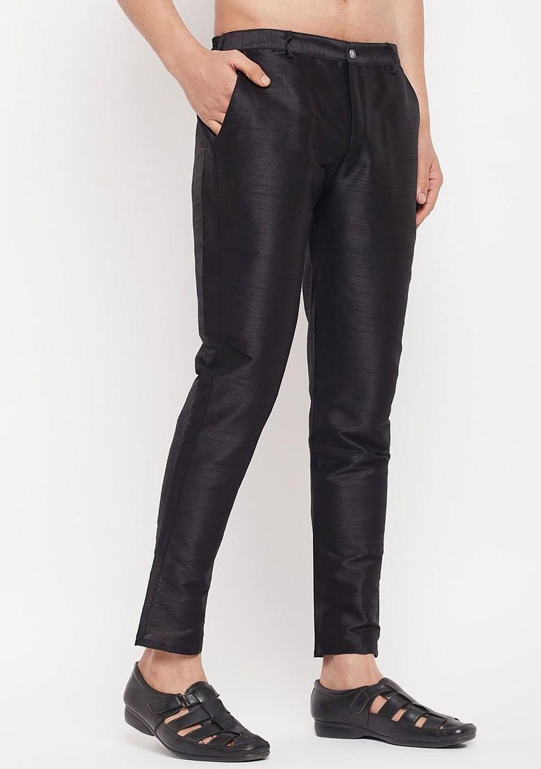 Black Solid Silk Pyjama For Men