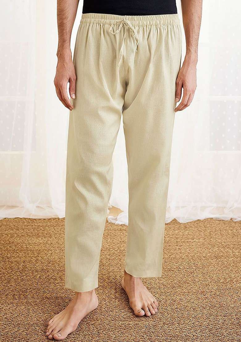 Beige Solid Cotton Pyjama For Men - Indya