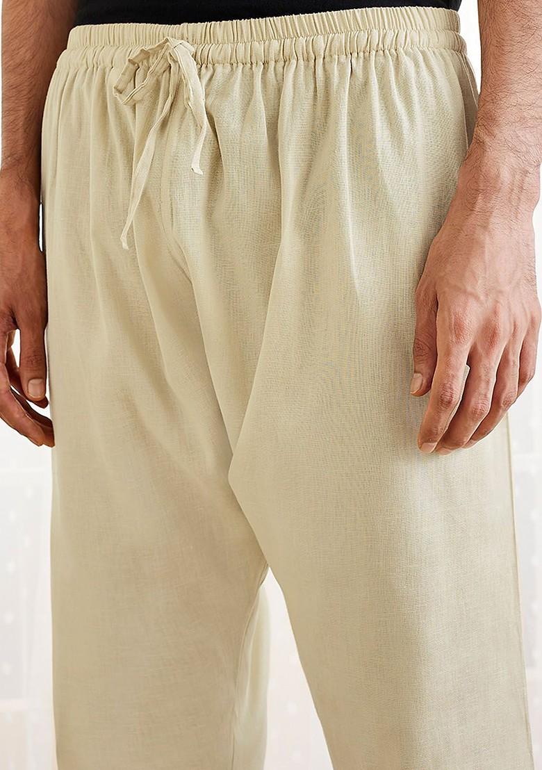 Beige Solid Cotton Pyjama For Men