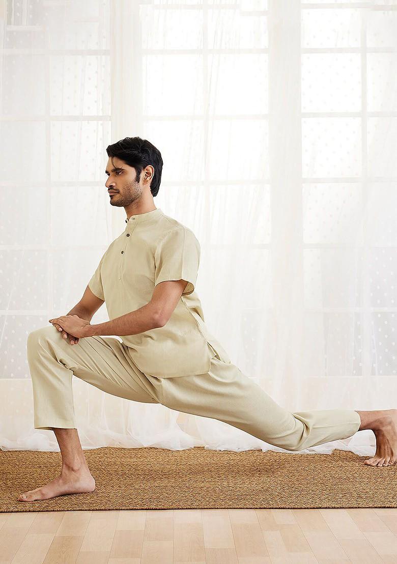 Beige Solid Cotton Pyjama For Men