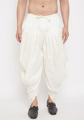 Cream Solid Silk Dhoti For Men