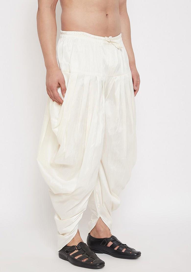 Cream Solid Silk Dhoti For Men