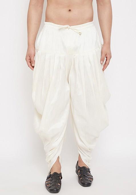 Cream Solid Silk Dhoti For Men