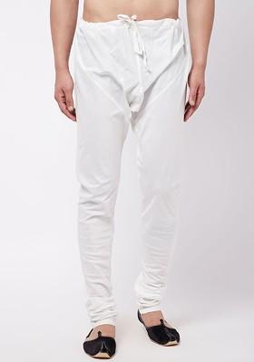 White Solid Poly Blend Churidar For Men