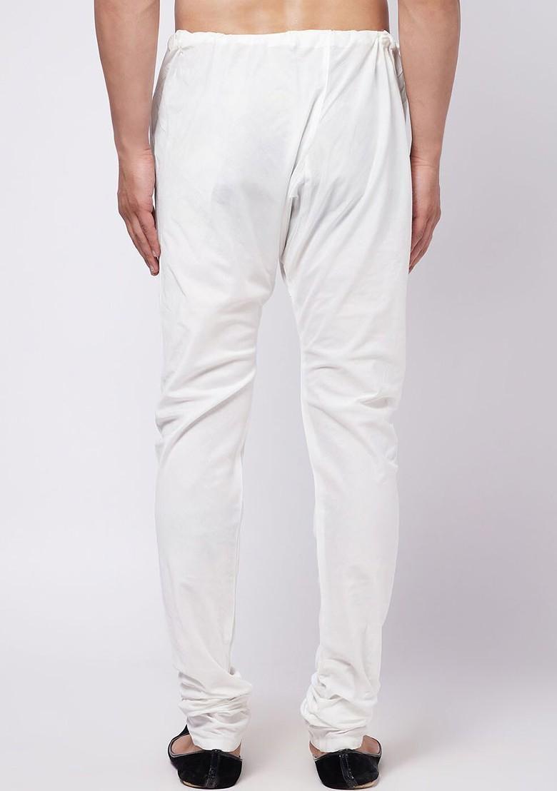 White Solid Poly Blend Churidar For Men