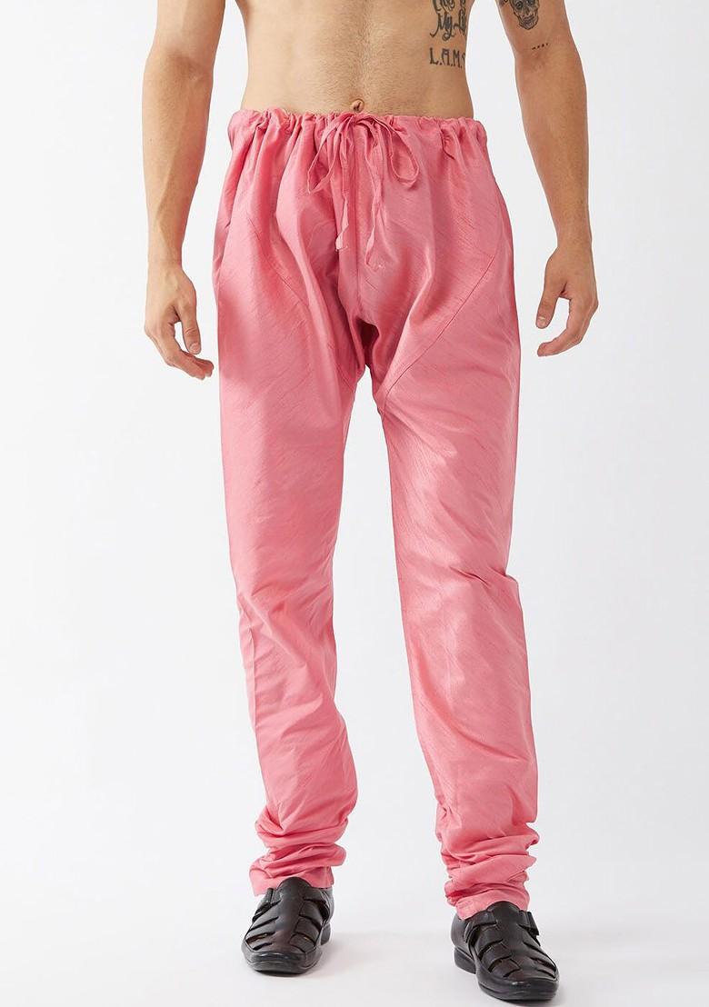 Pink Solid Poly Blend Churidar For Men