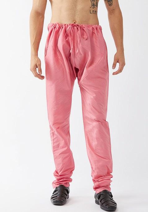 Pink Solid Poly Blend Churidar For Men