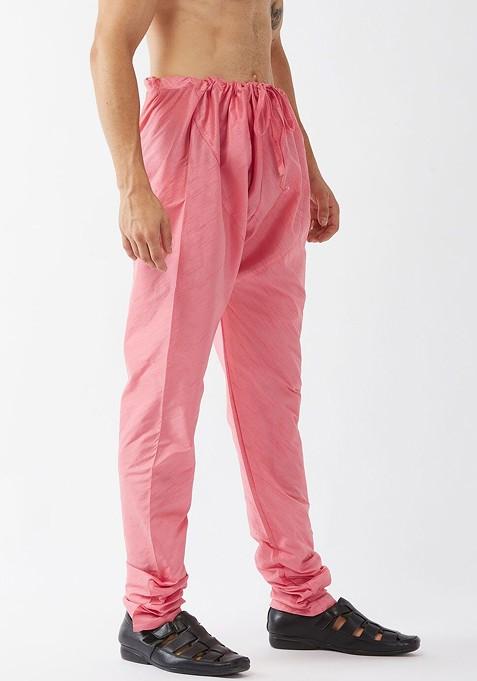 Pink Solid Poly Blend Churidar For Men