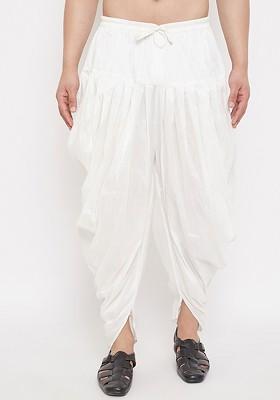 White Solid Poly Blend Dhoti For Men