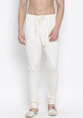 Cream Solid Poly Blend Churidar For Men
