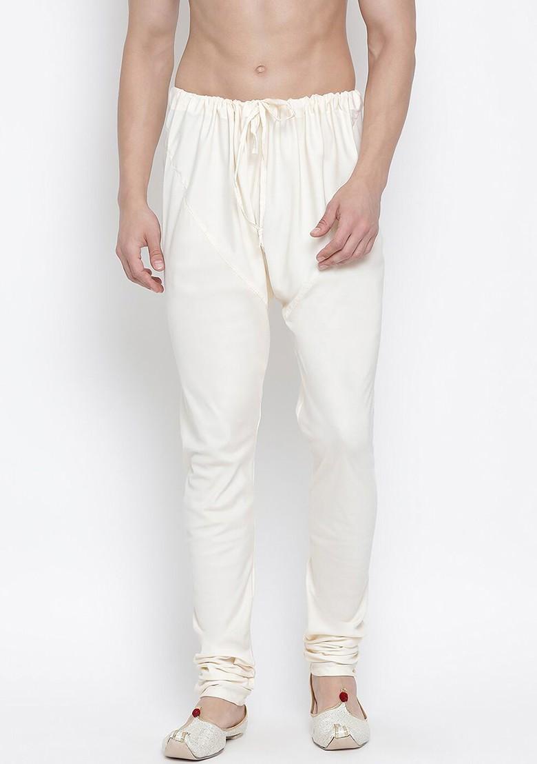 Cream Solid Poly Blend Churidar For Men