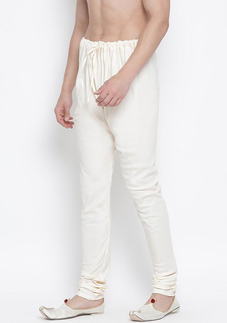 Cream Solid Poly Blend Churidar For Men