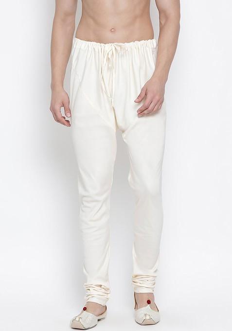 Cream Solid Poly Blend Churidar For Men