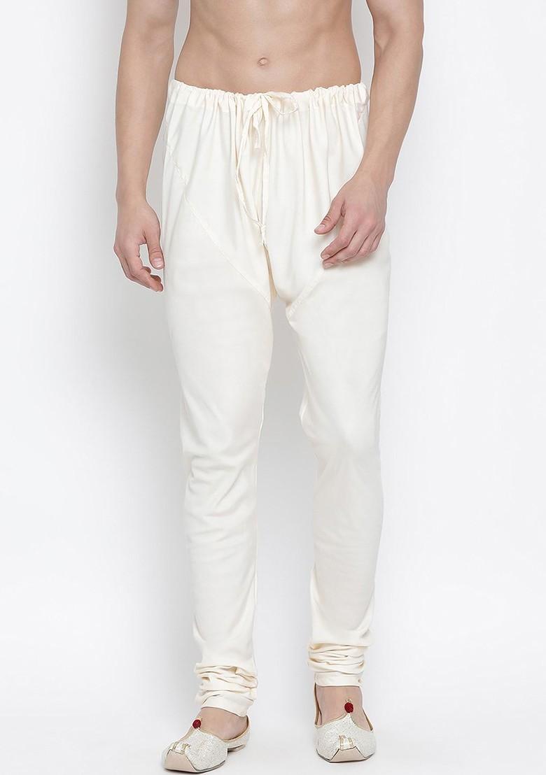 Cream Solid Poly Blend Churidar For Men