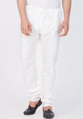 White Solid Poly Blend Churidar For Men