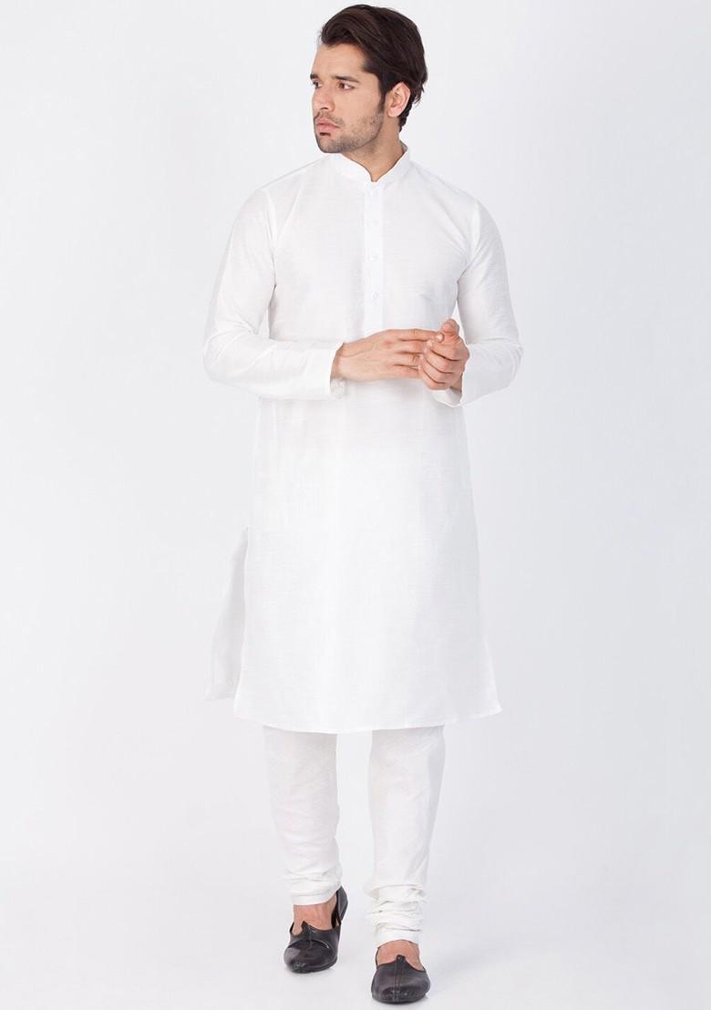 White Solid Poly Blend Churidar For Men