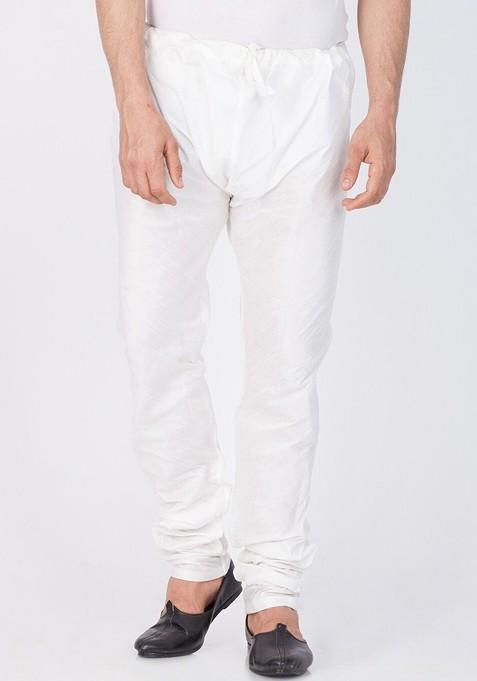 White Solid Poly Blend Churidar For Men