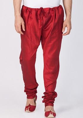 Maroon Solid Poly Blend Churidar For Men