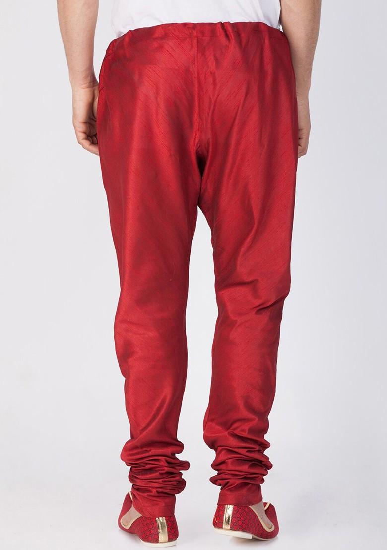 Maroon Solid Poly Blend Churidar For Men