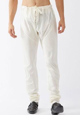 Cream Solid Poly Blend Churidar For Men
