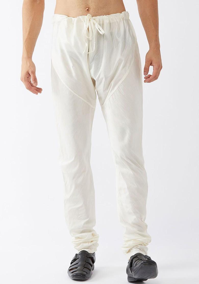 Cream Solid Poly Blend Churidar For Men