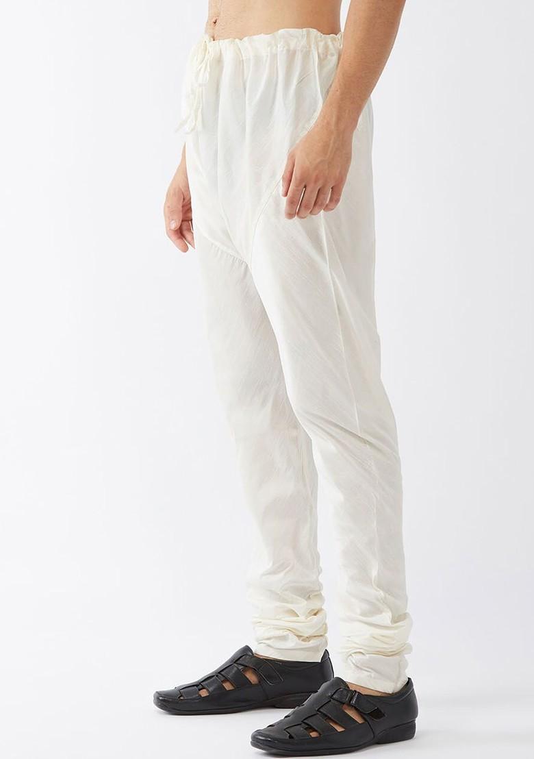 Cream Solid Poly Blend Churidar For Men