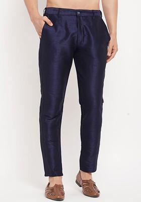 Navy Blue Solid Poly Blend Pyjama For Men