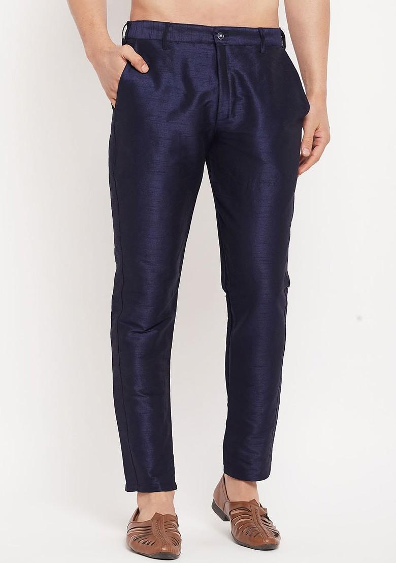 Navy Blue Solid Poly Blend Pyjama For Men