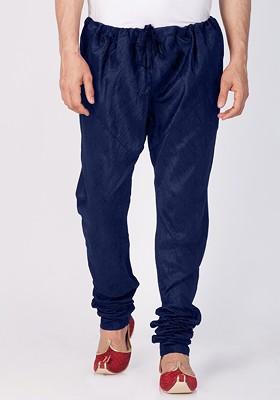 Navy Blue Solid Poly Blend Churidar For Men
