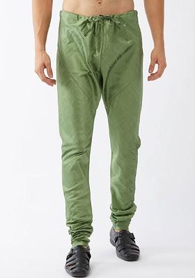 Green Solid Poly Blend Churidar For Men