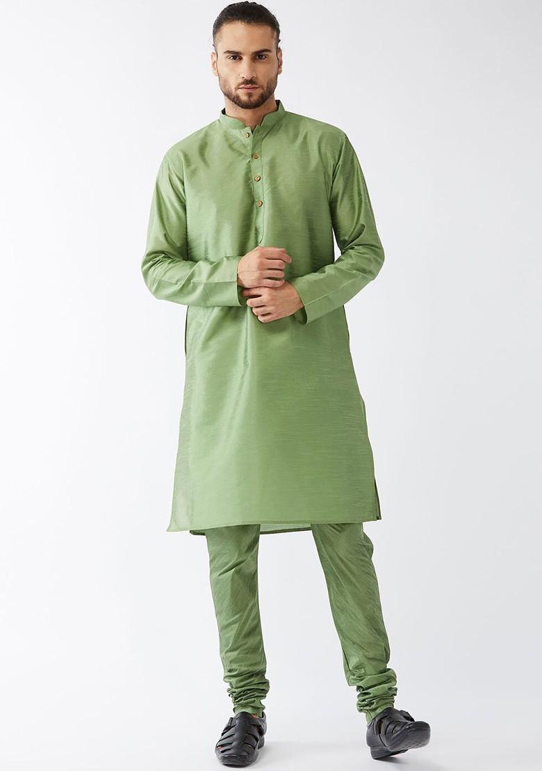 Green Solid Poly Blend Churidar For Men