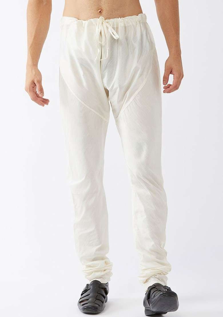 Cream Solid Poly Blend Churidar For Men - Indya