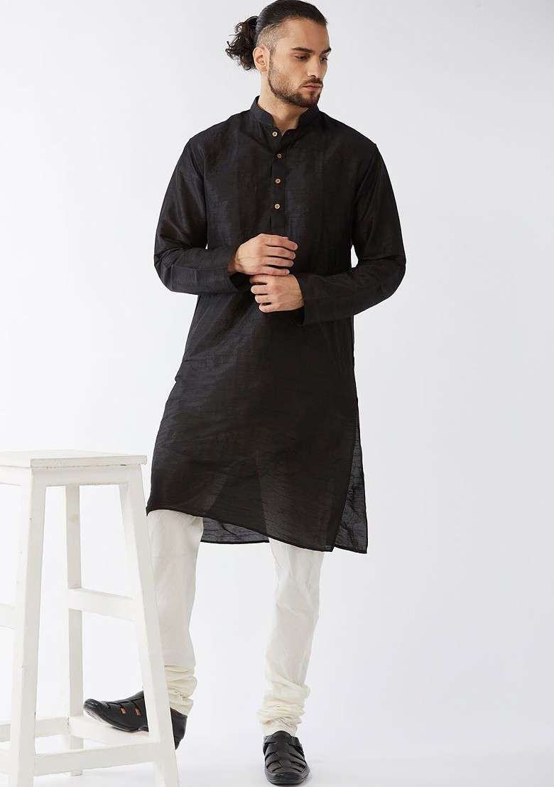 Cream Solid Poly Blend Churidar For Men - Indya