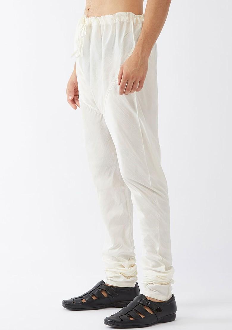 Cream Solid Poly Blend Churidar For Men