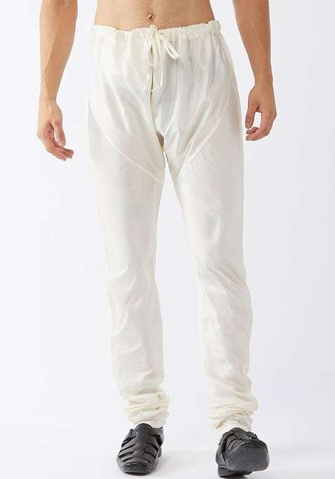 Cream Solid Poly Blend Churidar For Men