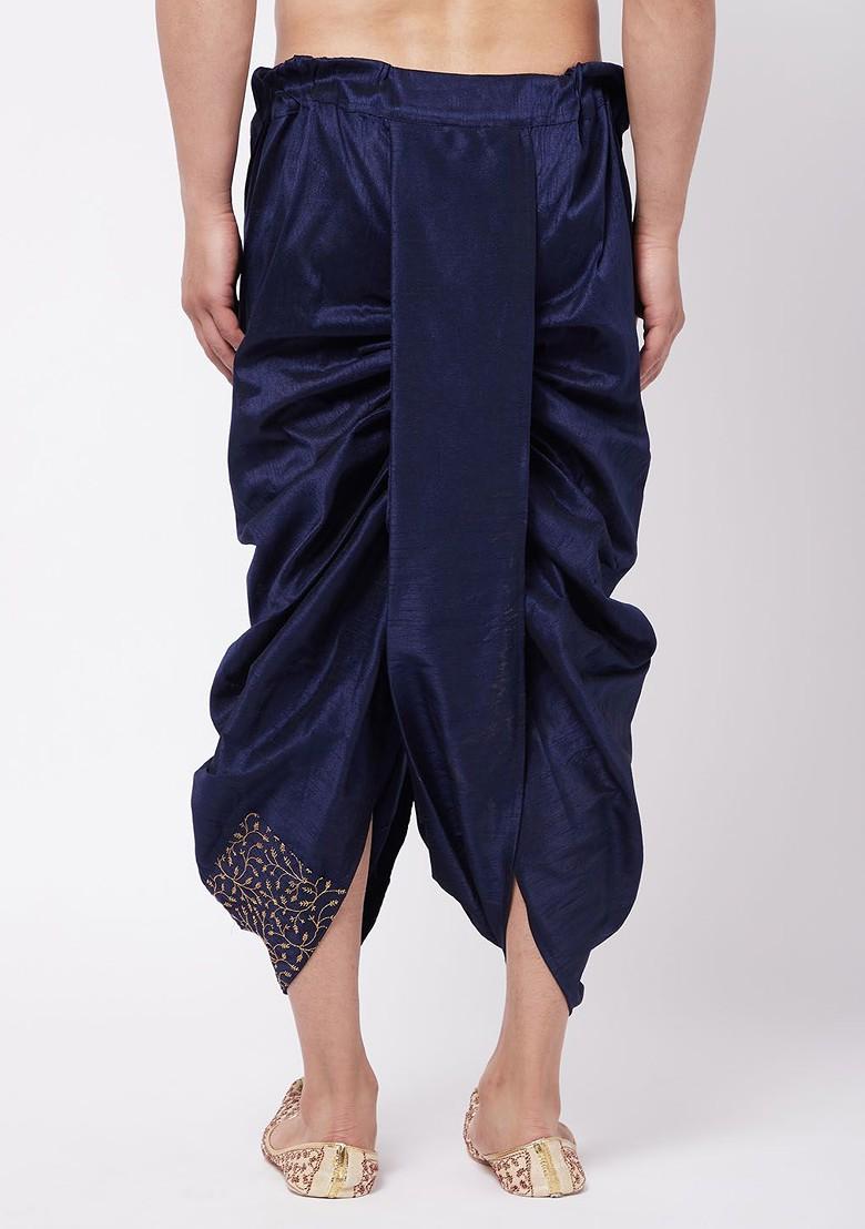 Navy Blue Embroidered Poly Blend Dhoti For Men