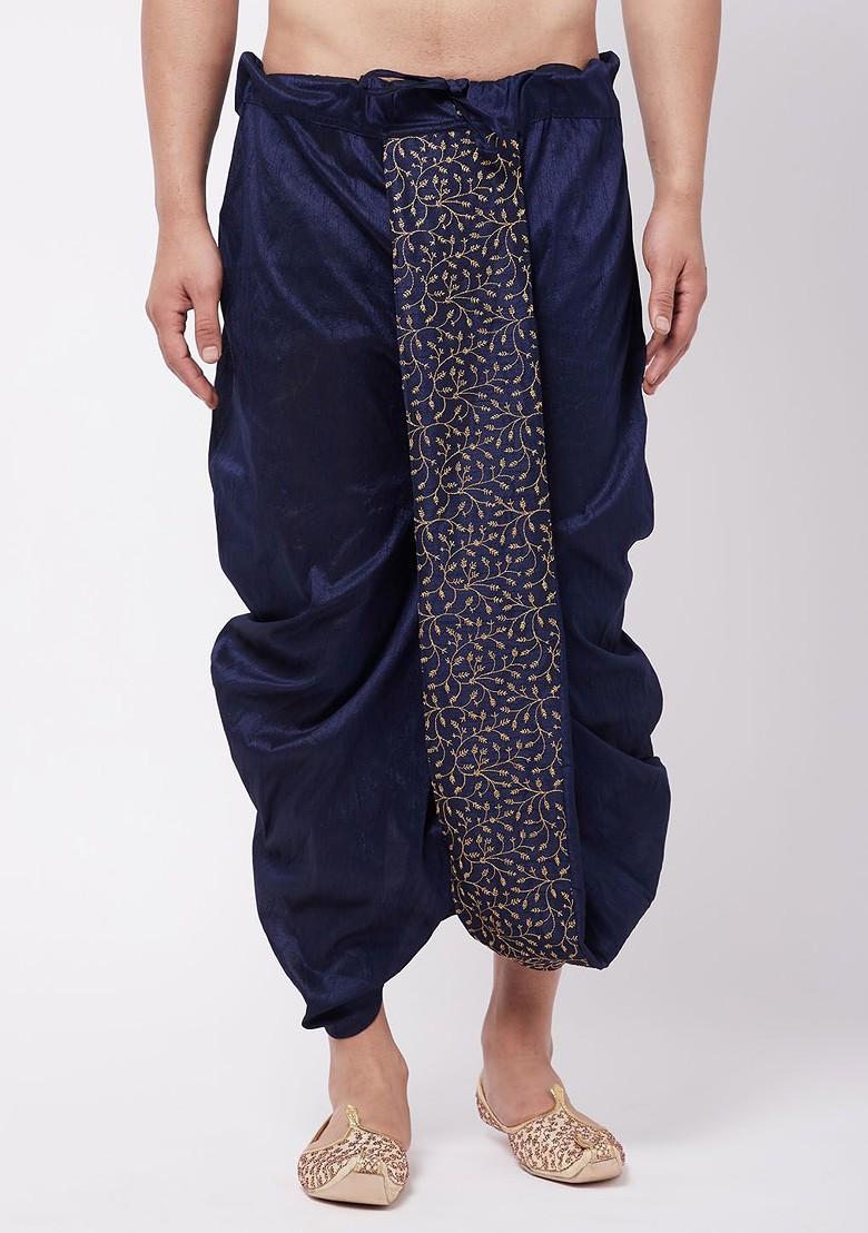 Navy Blue Embroidered Poly Blend Dhoti For Men