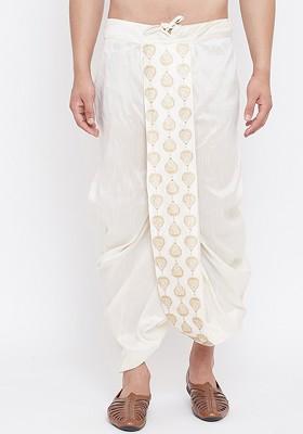 Cream Embroidered Poly Blend Dhoti For Men