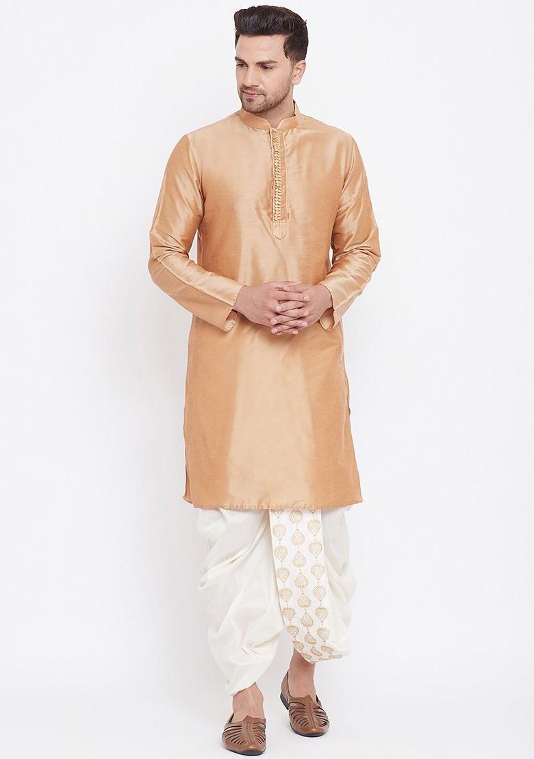 Cream Embroidered Poly Blend Dhoti For Men