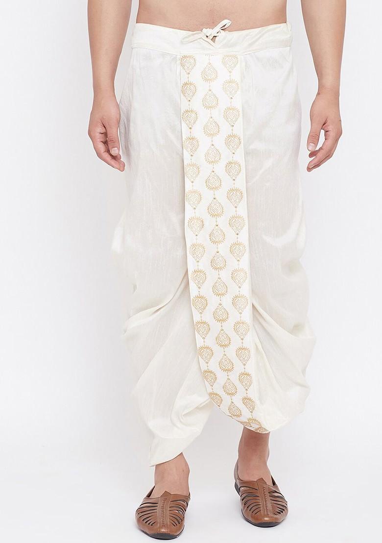 Cream Embroidered Poly Blend Dhoti For Men