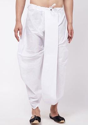 White Solid Poly Blend Dhoti For Men