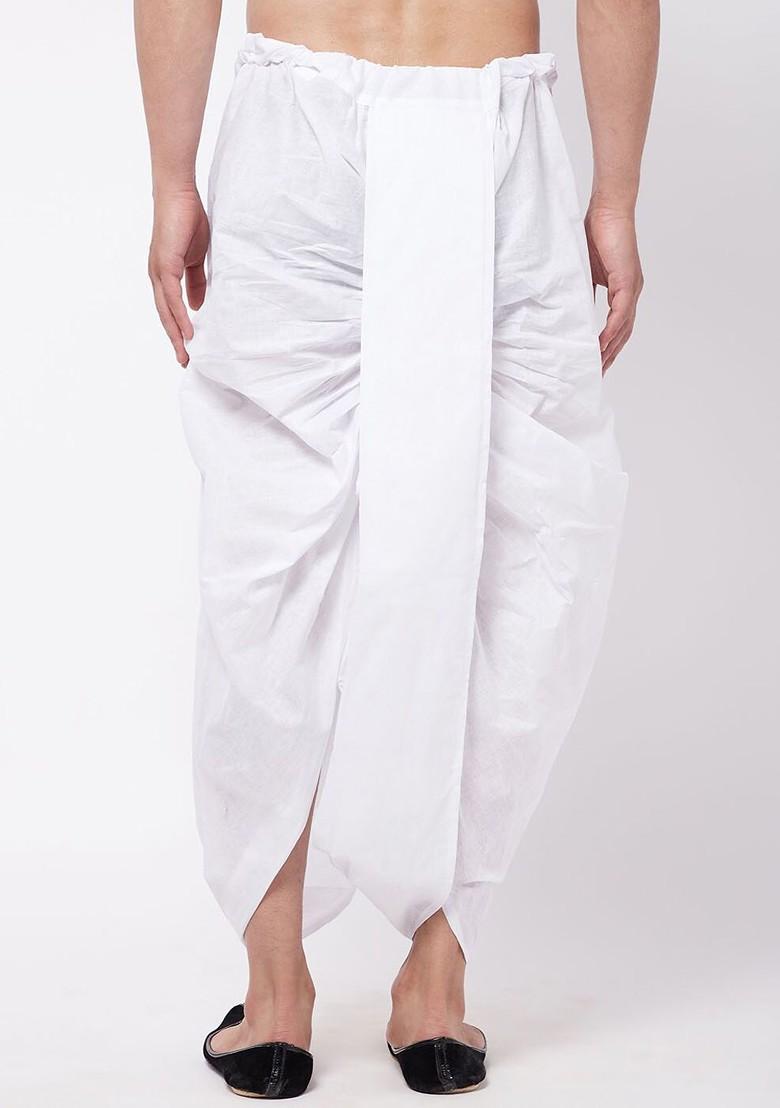 White Solid Poly Blend Dhoti For Men