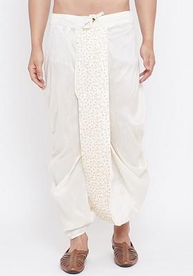 Cream Embroidered Poly Blend Dhoti For Men