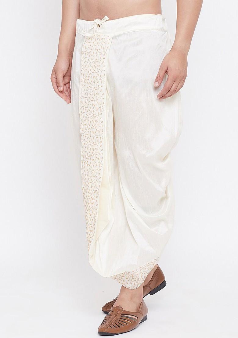 Cream Embroidered Poly Blend Dhoti For Men