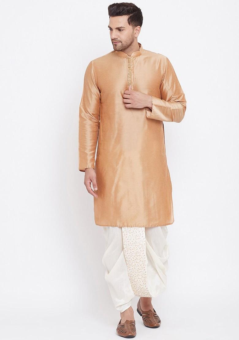 Cream Embroidered Poly Blend Dhoti For Men