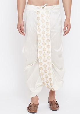 Cream Embroidered Poly Blend Dhoti For Men