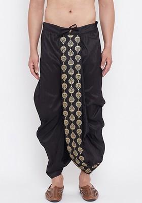 Black Embroidered Poly Blend Dhoti For Men
