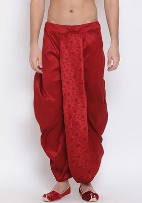 Maroon Embroidered Poly Blend Dhoti For Men